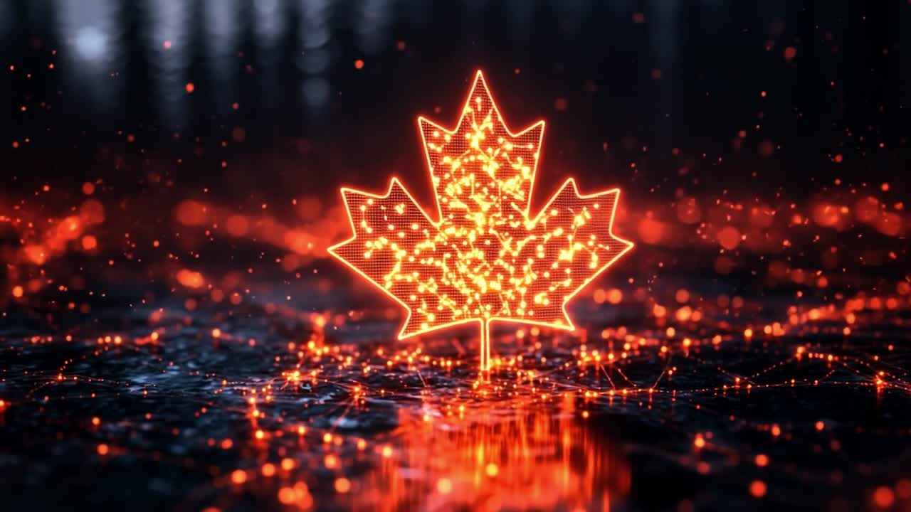 Glowing digital maple leaf. A glowing maple leaf on a dark background showcases vibrant colors and intricate patterns for a striking look.