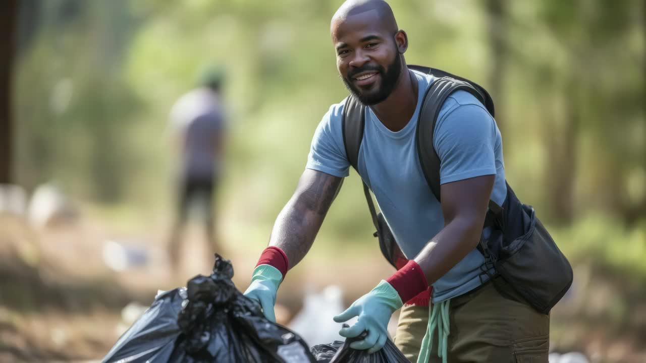 A smiling man collects trash in a forest, captured from a low angle