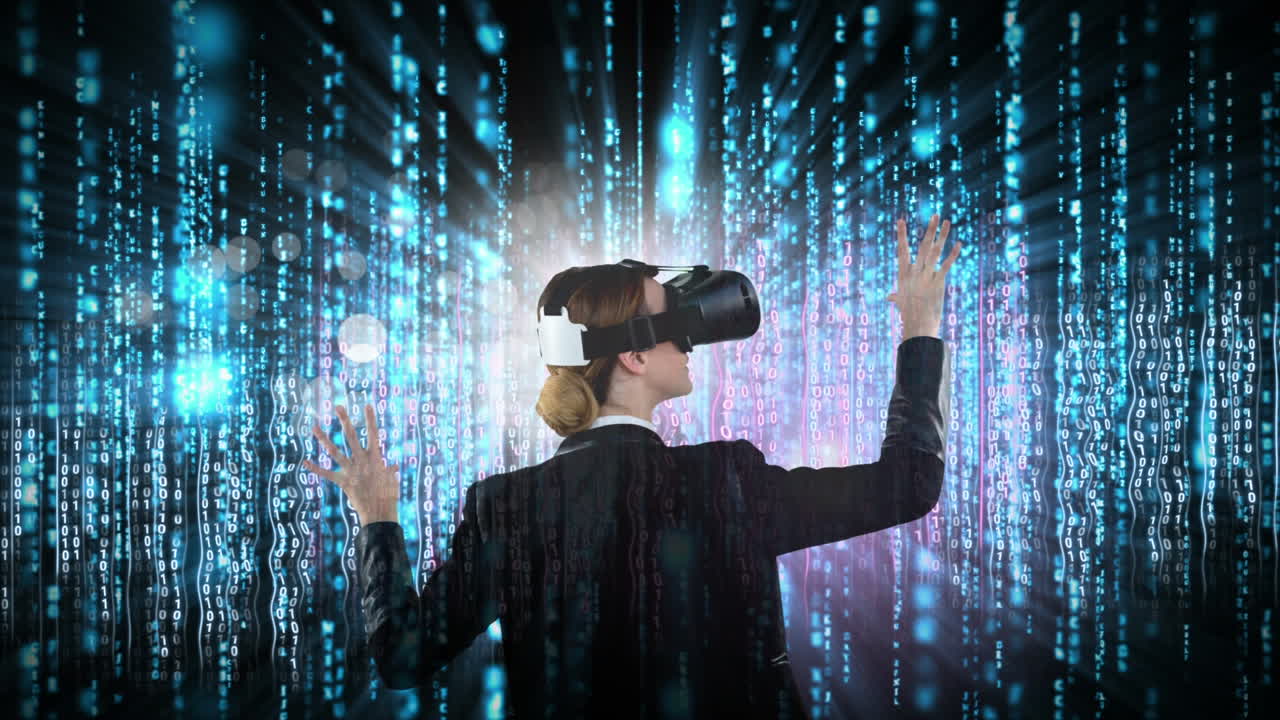 usando auriculares de realidad virtual, mujer interactuando con animación de código binario digital