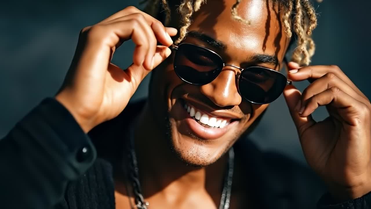Một người đàn ông có tóc dreadlock đeo kính râm và áo khoác đen