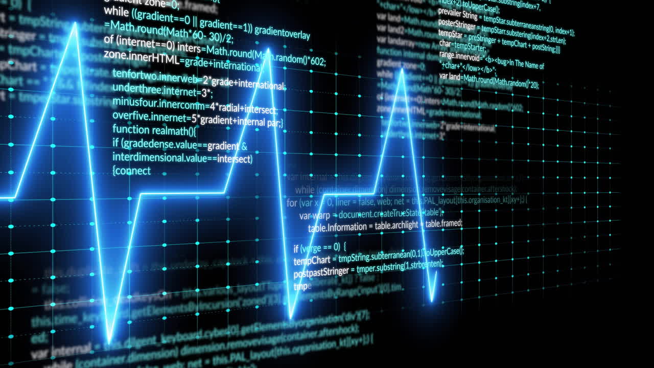 Neon-blue waveform zigzagging across digital grid while JavaScript code snippets overlaying