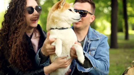 joyful young people are playing with beautiful dog in the park having fun and laughing. pretty girl with long curly hair is wearing leather jacket, guy is in denim jacket.