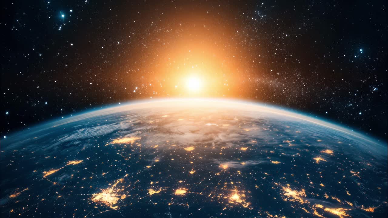 The sun rising behind planet earth seen from outer space, the globe ...