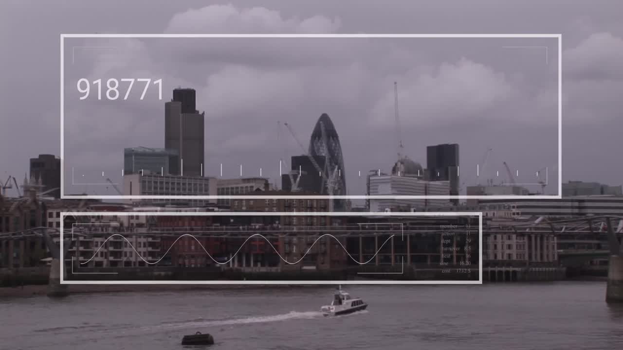 도시 풍경 위의 금융 데이터 처리 애니메이션