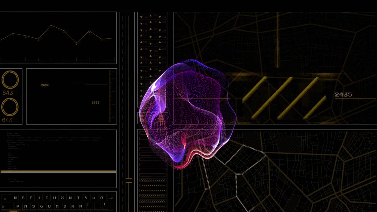 Animation of purple digital wave over interface with data processing against black background