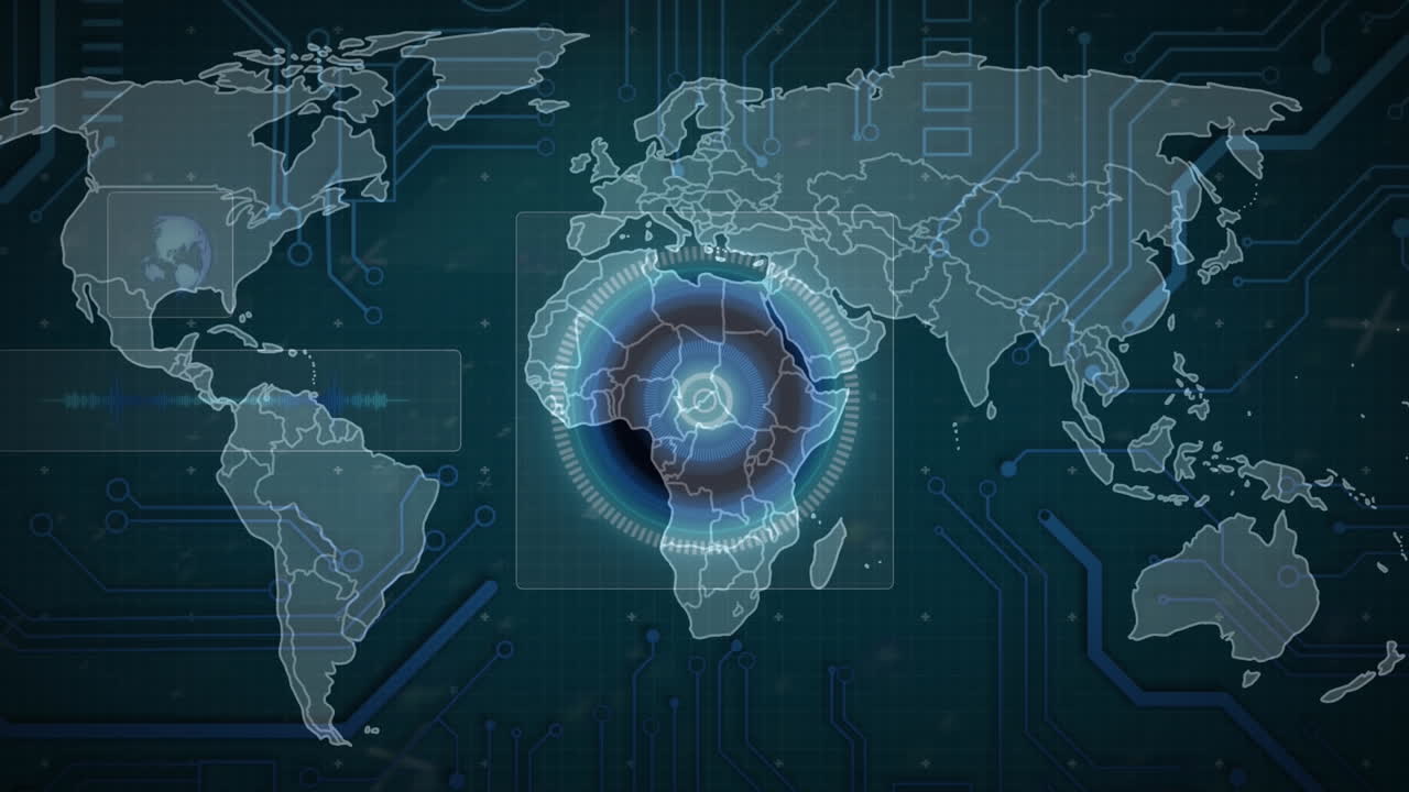 Animation of world map over scope scanning and data processing