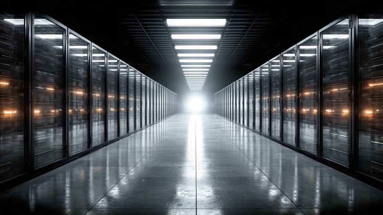 A Captivating View of a Modern Data Center, Showcasing Rows of Server Racks With Bright Lights Illuminating a Distant Corridor Leading to an Unknown Destination