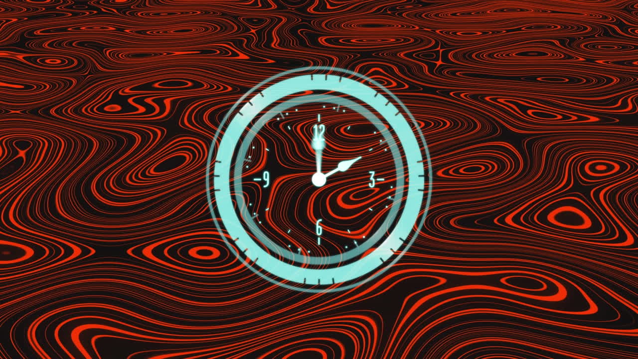 Animation of clock moving fast over red liquid background