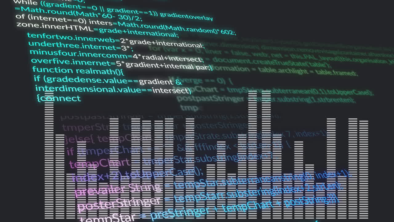 Digital code and bar graph animation over dark background with colorful text