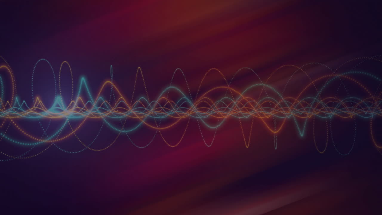 Abstract digital illustration featuring neon dotted sine waveforms undulating across dark gradient