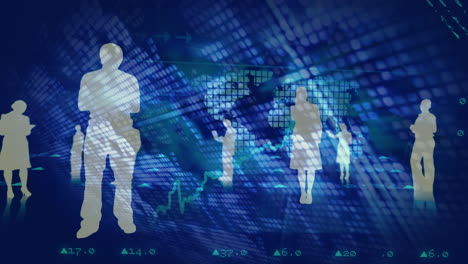 silhouettes of people standing on a blue digital background with data and world map