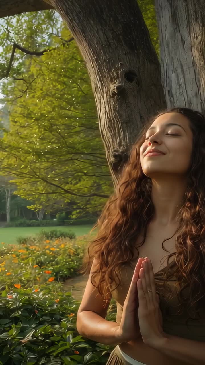 Donna che unisce i palmi delle mani e si appoggia a un albero, attivando un'animazione di benessere che mostra la respirazione