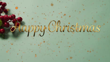 Animation-of-happy-christmas-greetings-text-over-red-berries-christmas-decorations