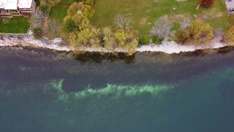 aerial view looking down at shoreline during fall