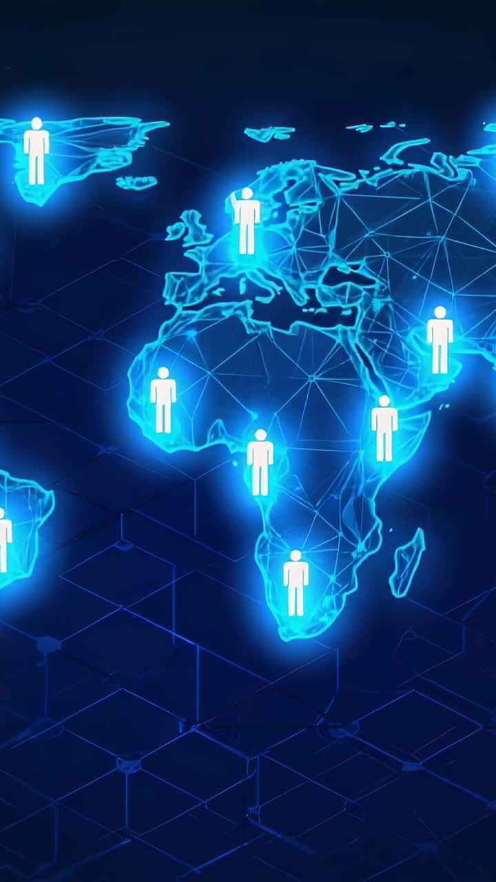 Vertical video: Fading hex floor starting wireframe map appearing in void, pulsing human icons