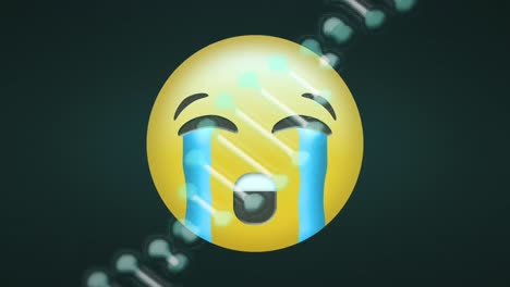 Digitale-Animation-Einer-DNA-Struktur,-Die-Sich-über-Einem-Emoji-Mit-Weinendem-Gesicht-Vor-Grünem-Hintergrund-Dreht