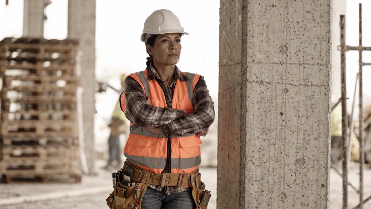 Woman in Safety Gear Observes Construction Site, Reflecting on Progress and Challenges as She Stands by a Concrete Pillar