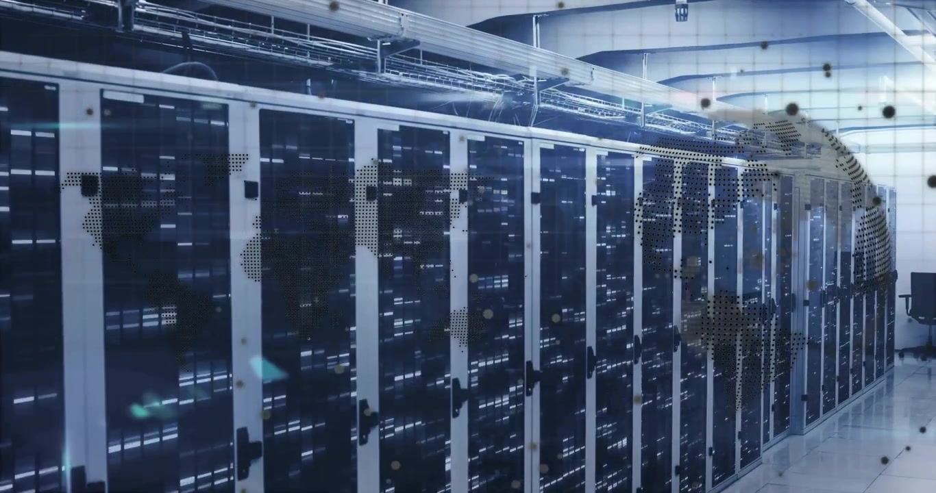 Camera panning past servers, overlays drifting and globe rotating visualizing global connectivity