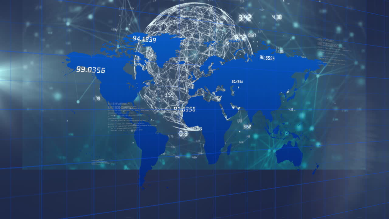 Digital background with world map, data points, and network connections in animation