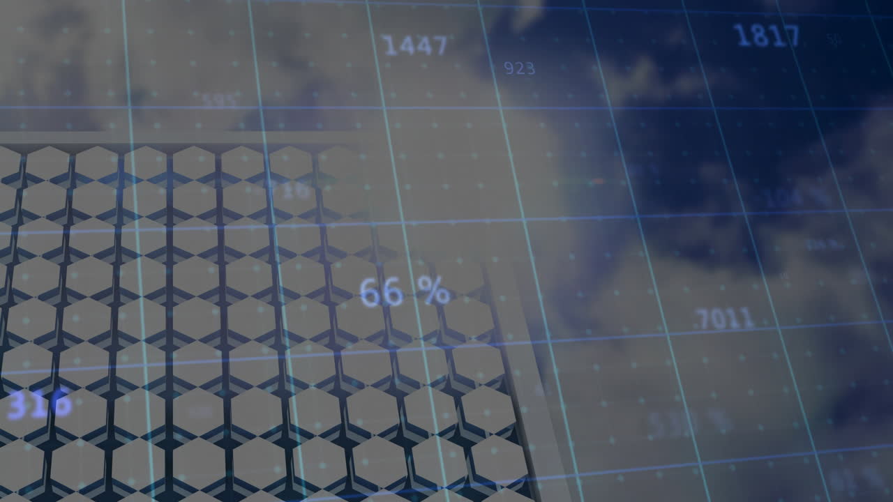 Hexagonal tiles forming repeating grid while numeric data hovering over cloudy digital interface