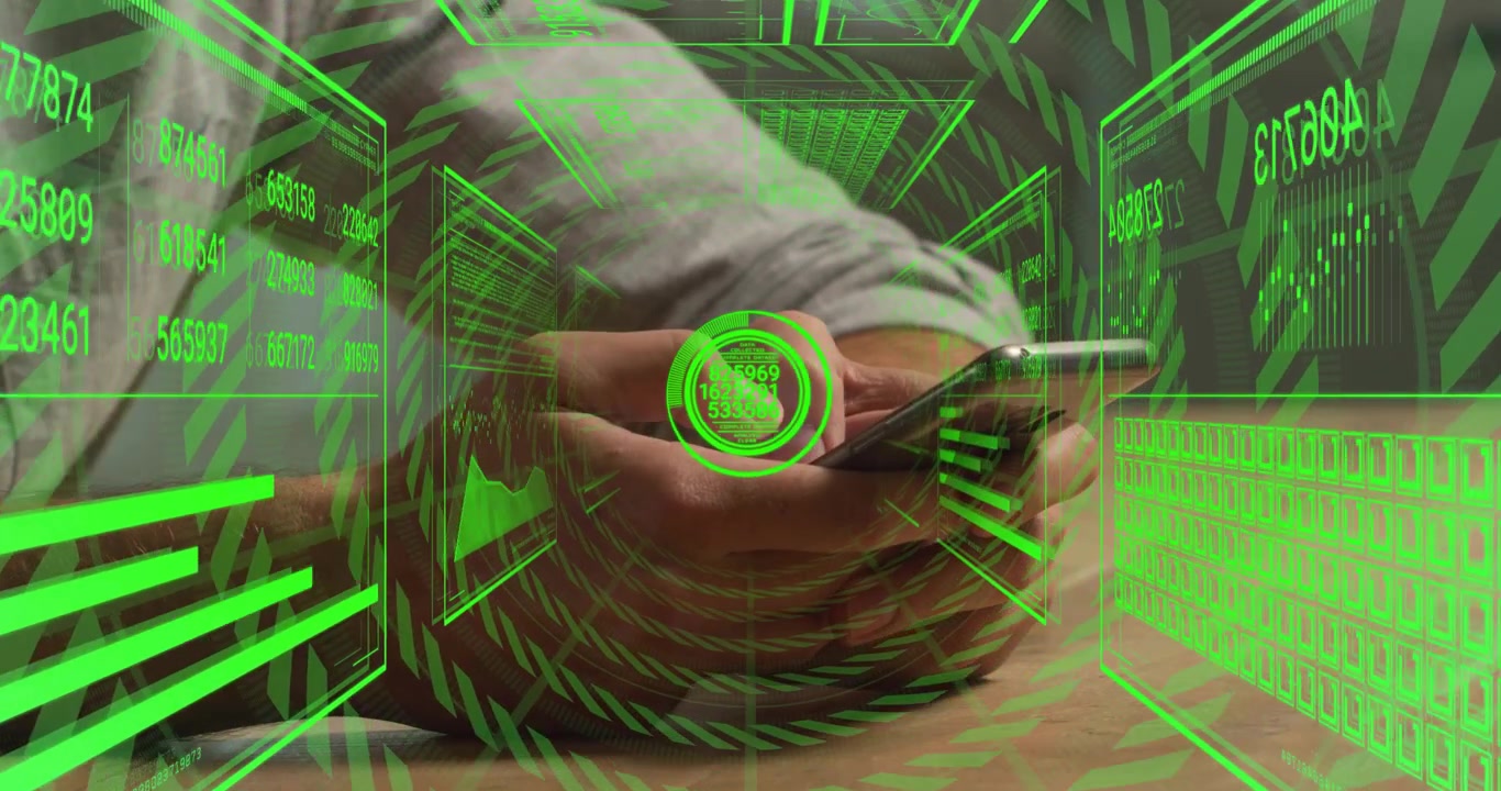 Homem tocando no telefone, iniciando um HUD verde sobre o aparelho que se expande em grade, escaneando dados de tecnologia.