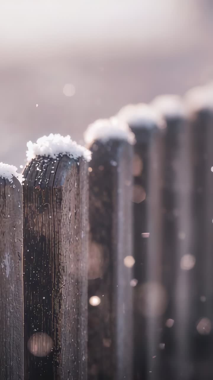 Vertical video: Drifting snowflakes from light breeze covering wooden fence post in yard with drops