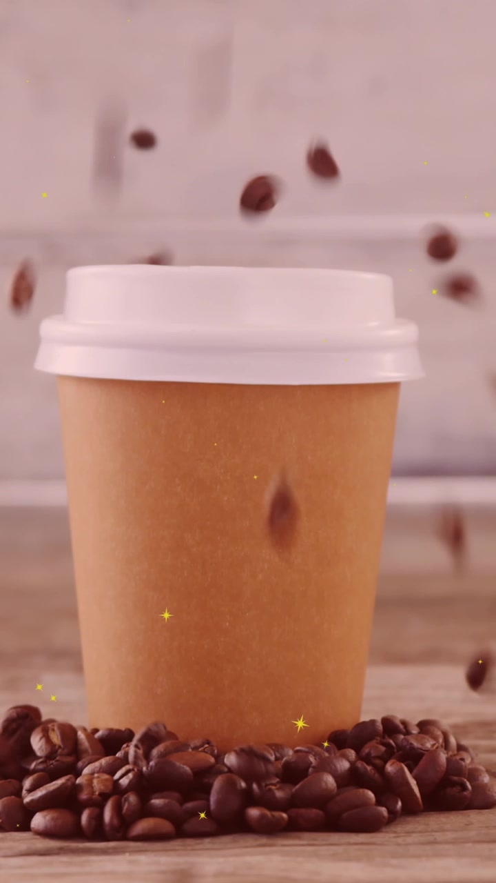 Animazione di macchie bianche in movimento su chicchi di caffè che cadono su un caffè da asporto.