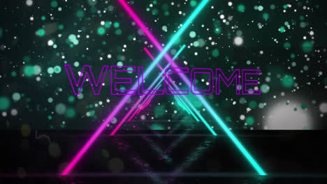 animation of welcome text over moving neon shapes