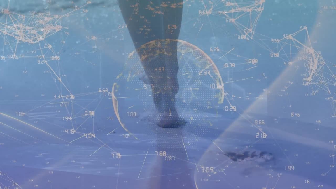 animación del globo, números que conectan puntos contra el hombre caucásico caminando por la playa