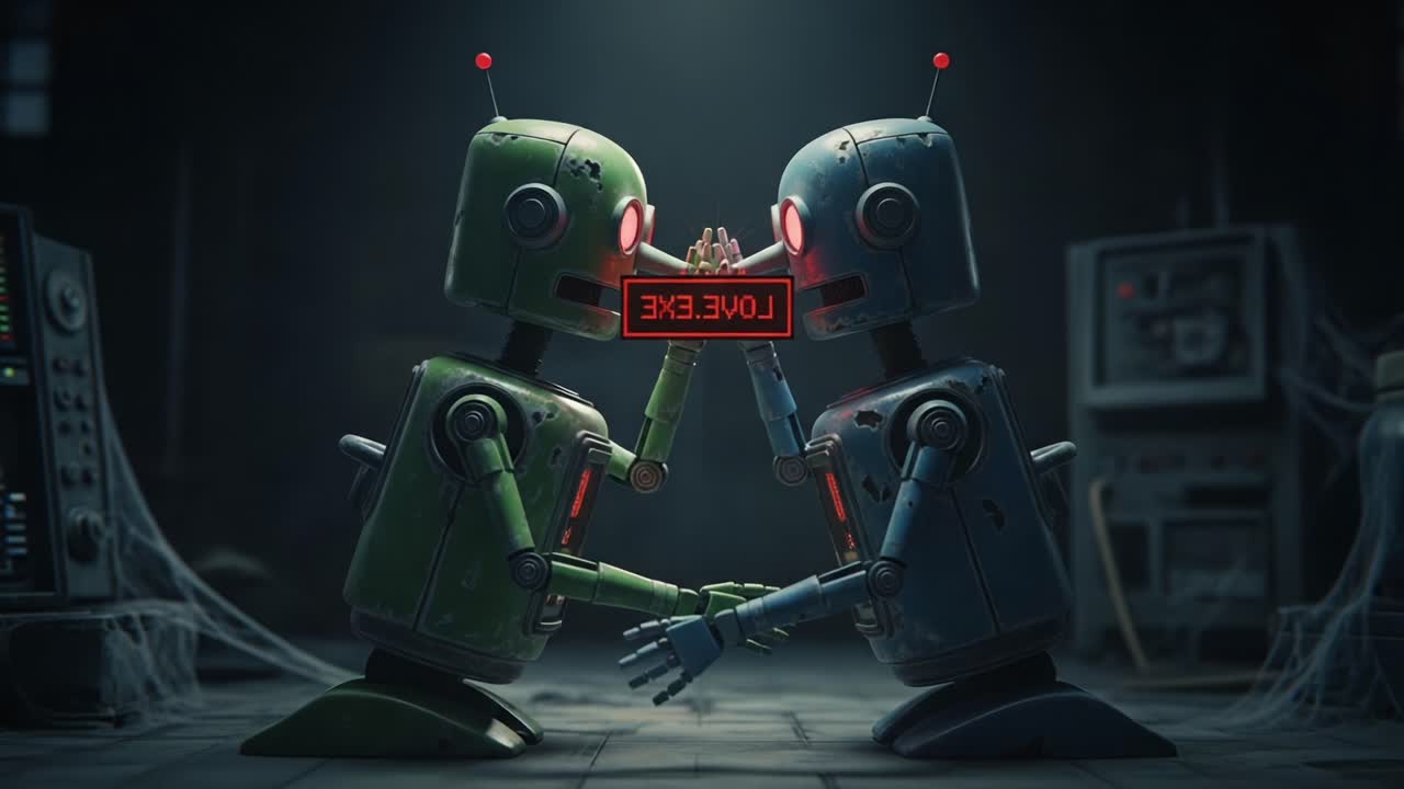 Two Charming Robots Expressing Love in a Quirky, Technological Setting with Glowing Eyes and Playful Interaction in an Adventurous Sci-Fi Environment