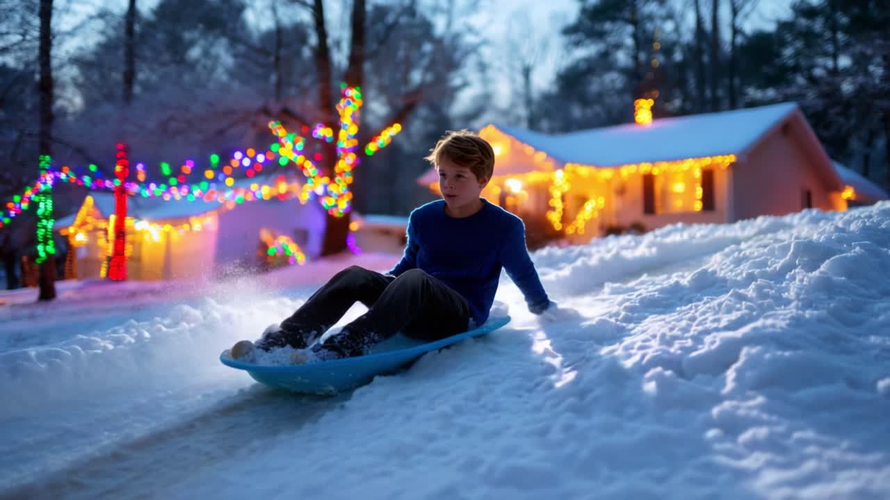 A Joyful Winter Evening: A Young Boy Sliding Down a Snowy Hill While Surrounded by Festive Christmas Lights and a Cozy Home in the Background, Capturing the Essence of Holiday Cheer