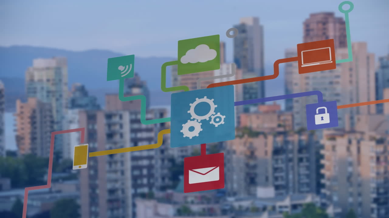 도시 풍경 위의 아이콘으로 연결된 네트워크의 애니메이션