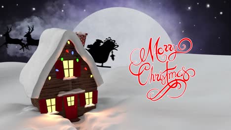 Animation-of-snow-falling-and-santa-in-sleigh-over-merry-christmas-text