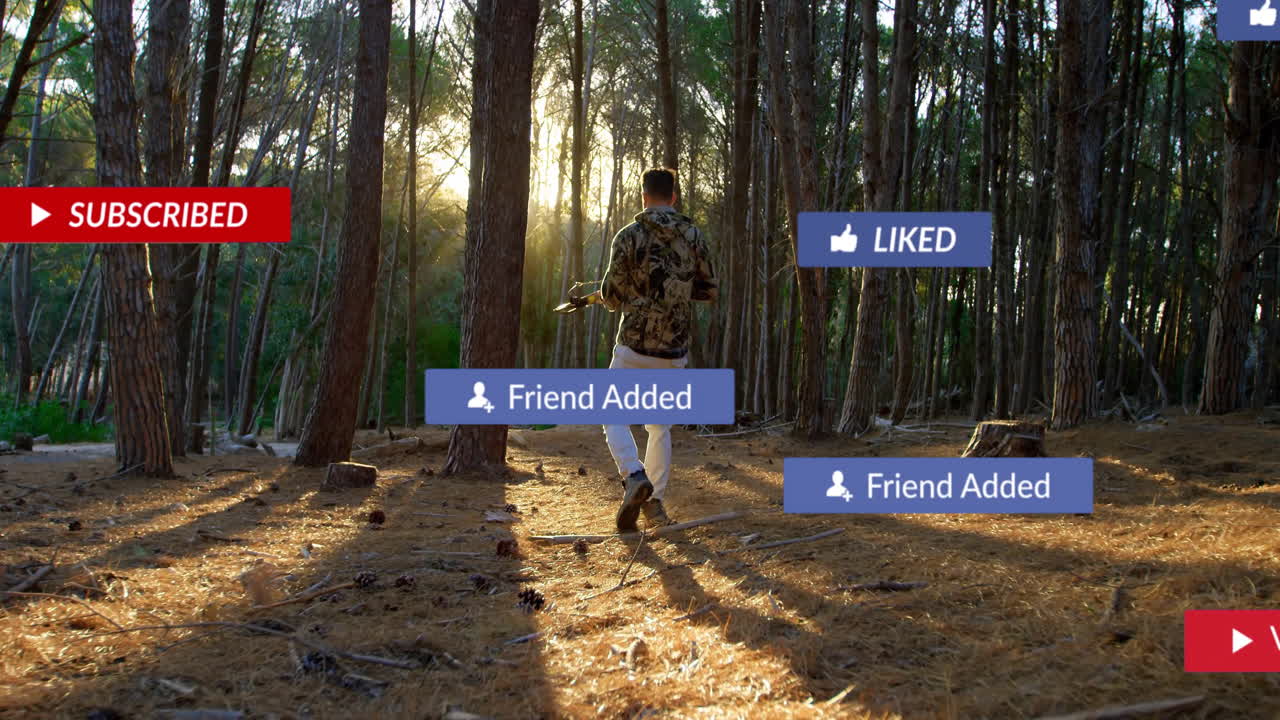 man walking through forest carrying rifle displaying floating social alerts for marketing