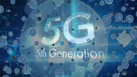 animación de texto de 5g 5a generación sobre iconos digitales y globo en el fondo