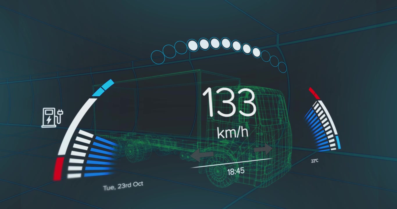 Animation of speedometer and power level over truck project on black background