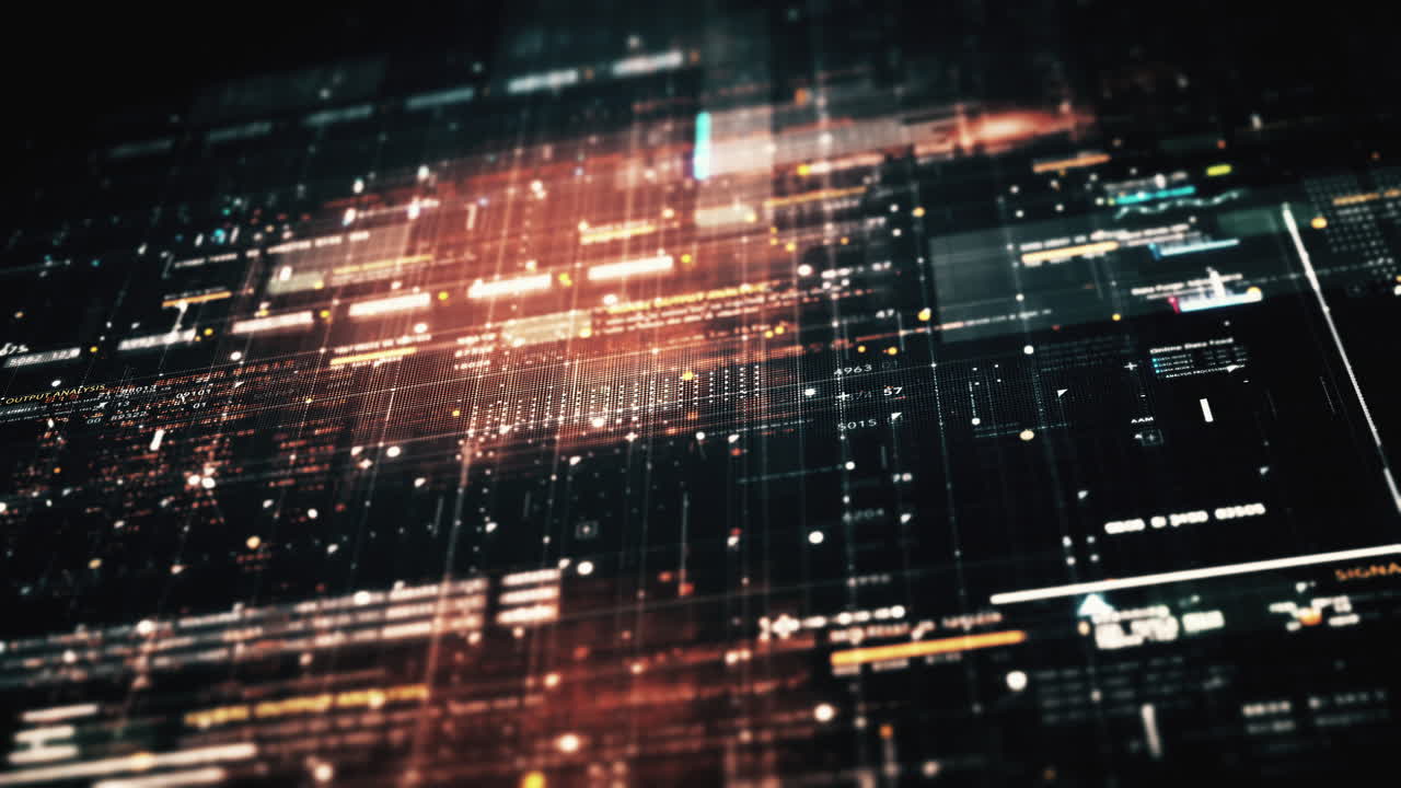 Advance data matrix, telemetry and encrypt numbers simulation user interface display in cyber space abstract de-focus environment background