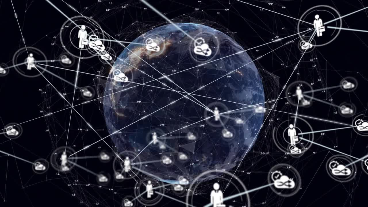 Central user icon appearing on rotating globe, radiating lines, spawning nodes, visualizing network