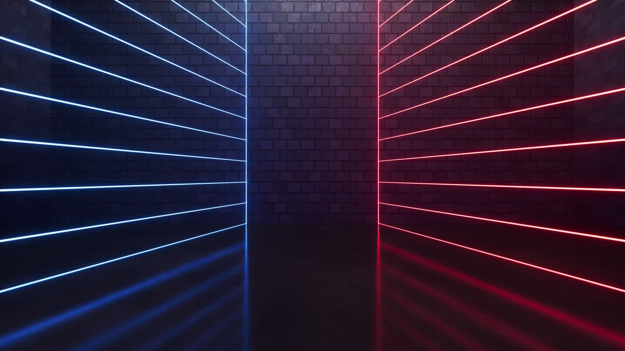 habitación de ladrillo oscuro con líneas de neón, renderización en 3d.