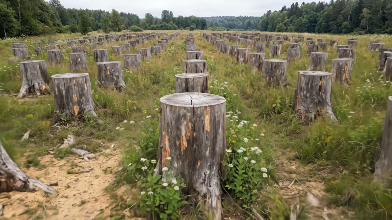 File di file di ceppi di alberi in un campo forestale disboscato