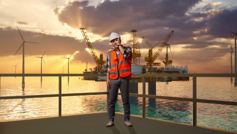 cuerpo lleno de ingeniero masculino asiático con casco de seguridad mostrando ok señal de mano sobre el ojo y sonriendo a la cámara mientras está de pie con la producción de hidrógeno en alta mar