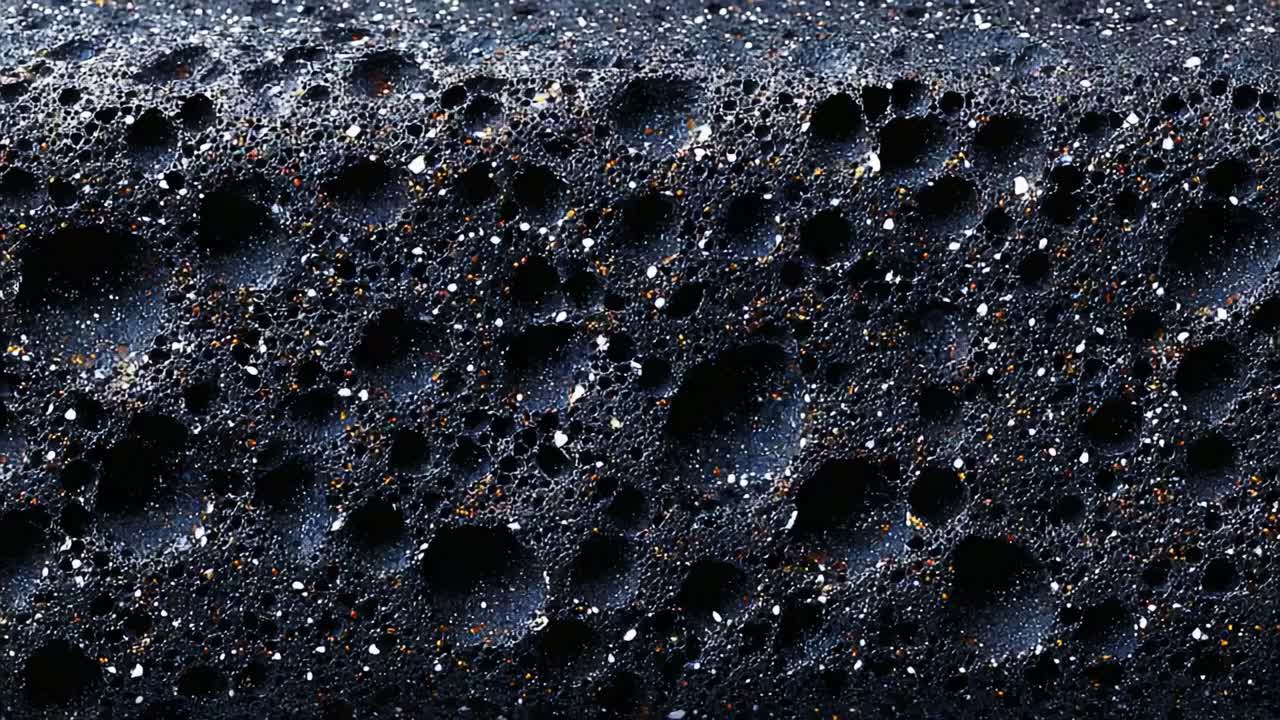 Exploring the Textured Surface of a Cosmic Landscape: A Detailed Examination of the Dark, Pockmarked Terrain Resembling an Extraterrestrial Environment