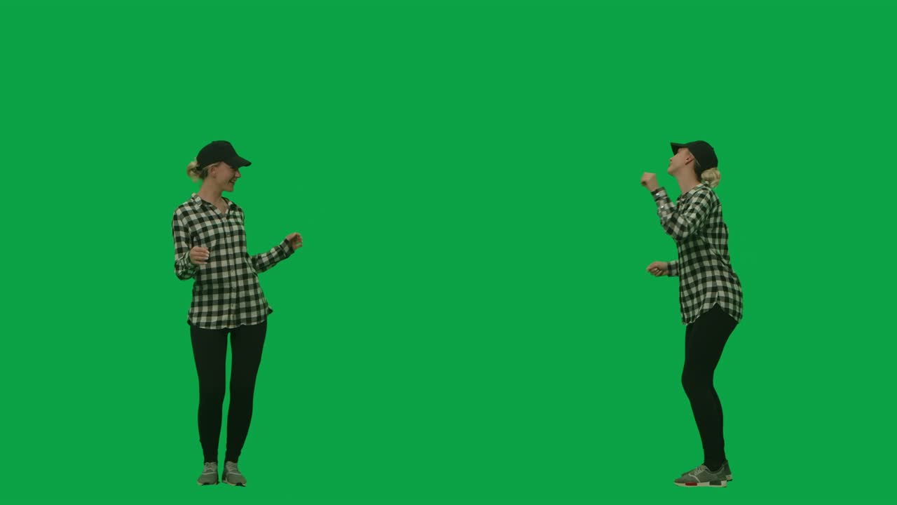 Portrait of young woman in black white plaid shirt and cap dancing modern dance in disco. 2 in 1 Collage Front and side view full length on green screen background. Slow motion ready, 4K at 59.94fps