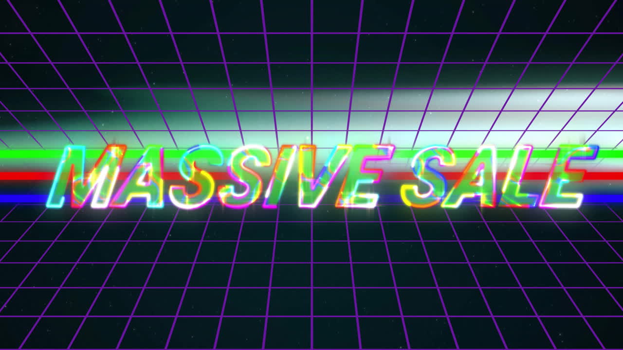 Massive Sale text in neon colors on retro grid background with animation