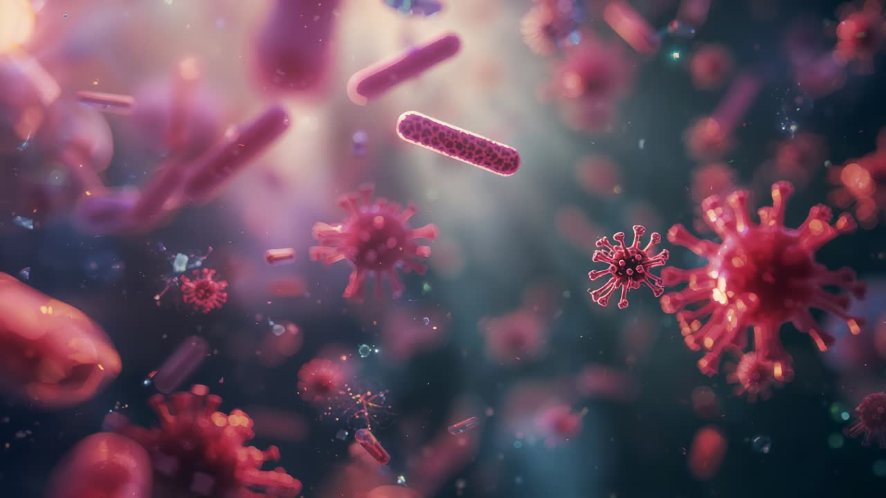 Drifting red-pink spiky cluster moving in cellular fluid while camera pull revealing rods, droplets