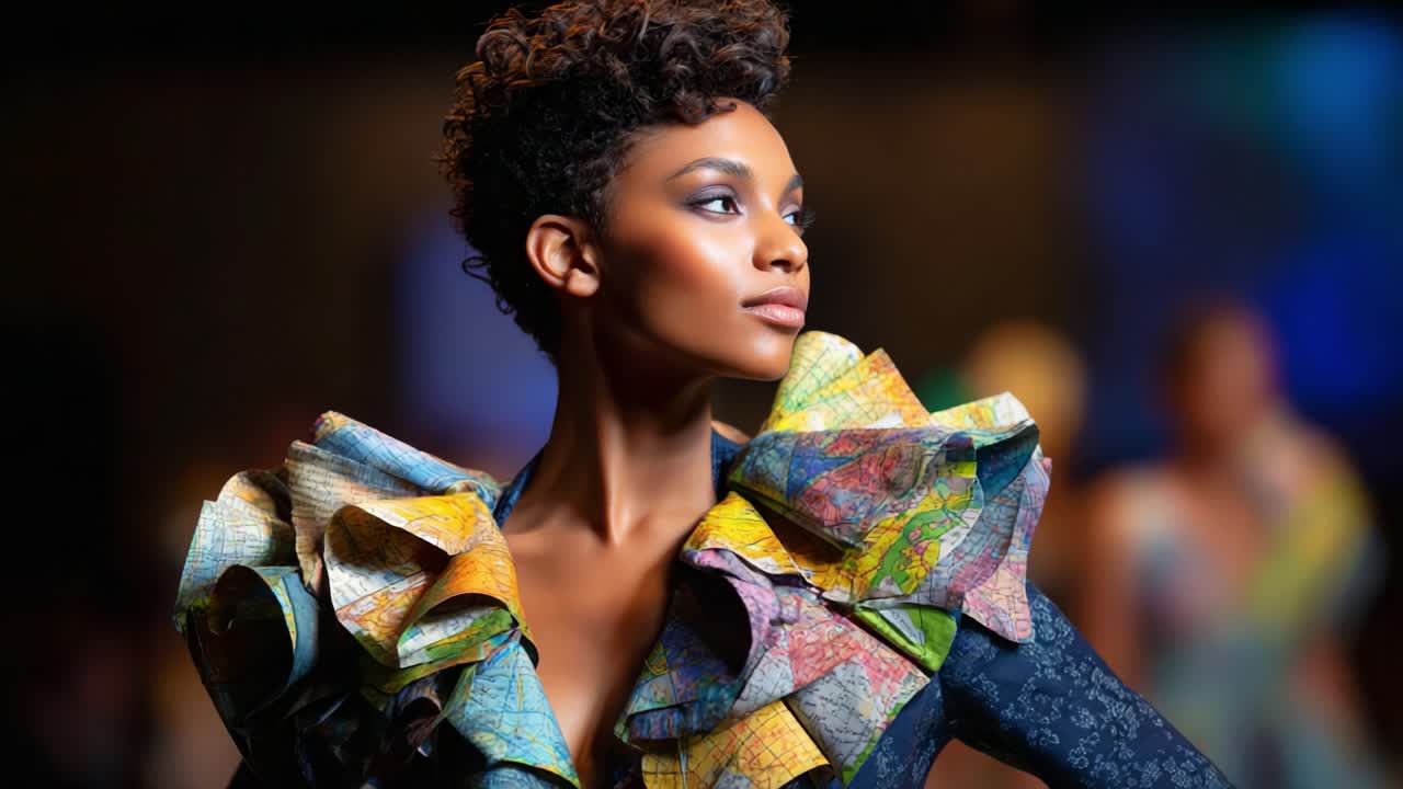 A Stunning Fashion Model Showcasing an Innovative Outfit with a Vibrant, Textured Design Featuring Colorful Patterns and Unique Shoulder Accents on the Runway