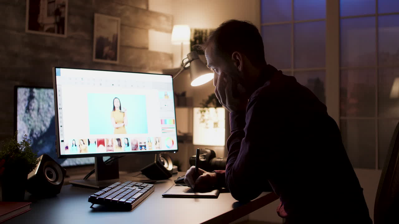 Mand, der arbejder på fotoredigering ved sit skrivebord