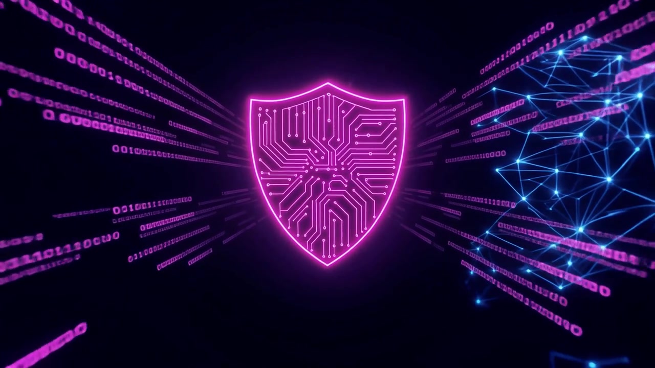 Scudo digitale luminoso che protegge il flusso di dati e la rete