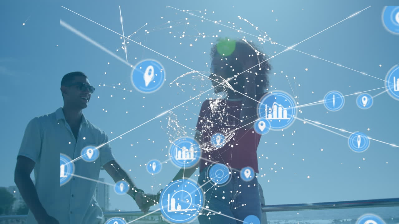 행복한 이중 인종 커플에 대한 미디어 아이콘과의 연결 네트워크의 애니메이션