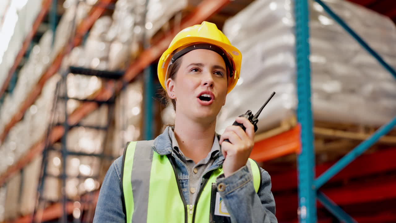 Warehouse worker using a walkie talkie